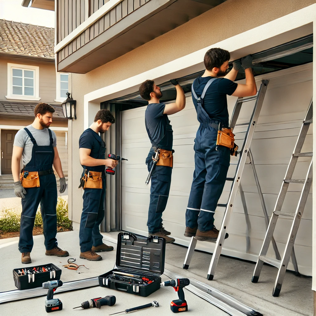 Experts working outside of a garage door